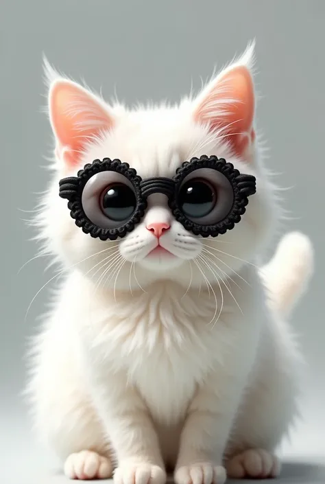 A white cat with round black crochet sunglasses 