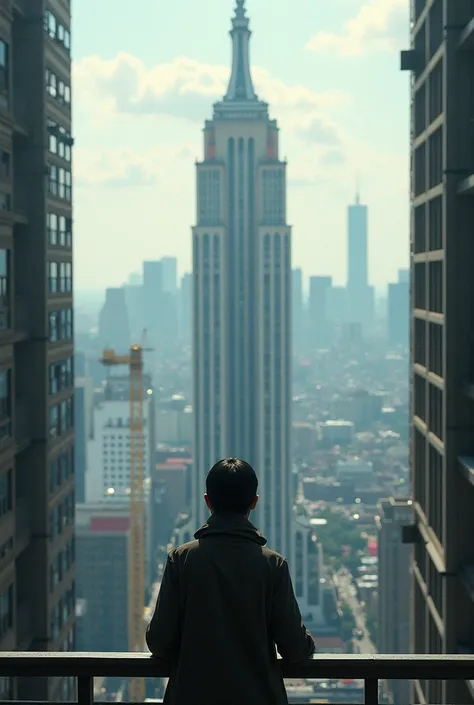 person on a balcony looking at a building from another perspective