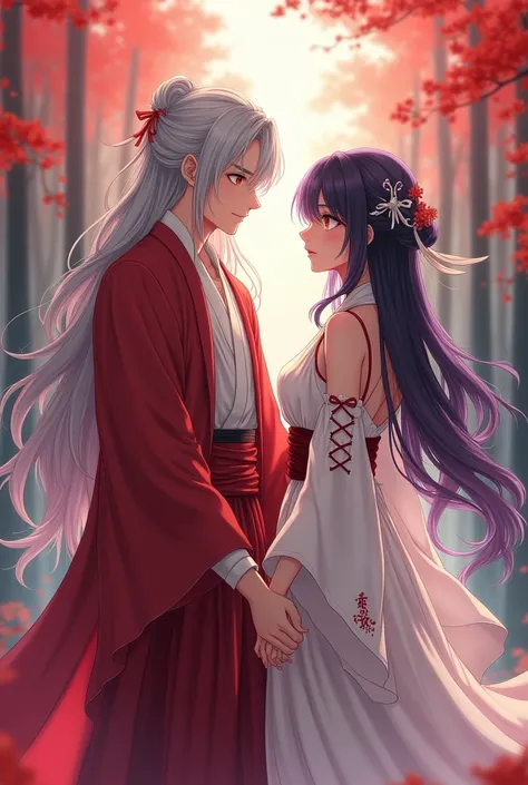 An anime couple consisting of a man who has very long silver hair down to his waist., with cat ears and golden eyes and wears a hakama (pants) blouses at the ankles, a jacket with sleeves "separate", un kosode (shirt), and an obi (belt) all in red color, a...