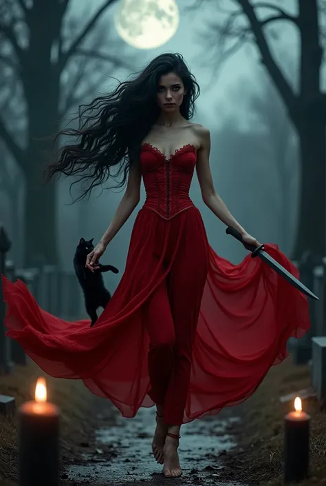 create a realistic photo of a tall woman, Caucasian skin, dressed in a red dress spinning around, long wavy black hair, Big black eyes, thin and delicate face, also wearing a red corset, barefoot, standing, Grinning, with visible teeth, with a dagger in hi...