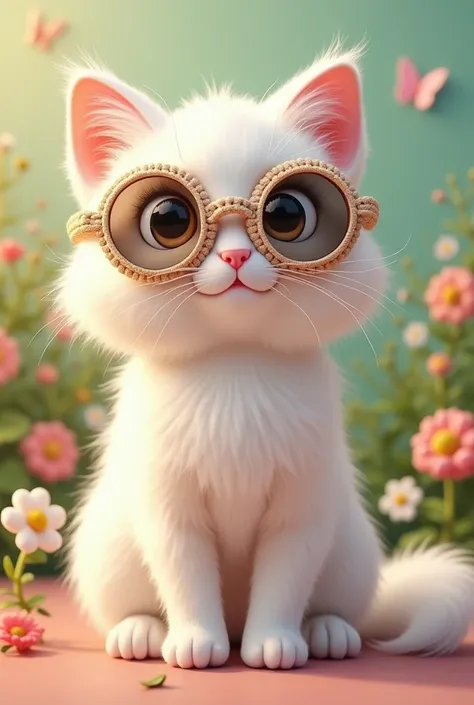 A white cat with round crochet sunglasses 