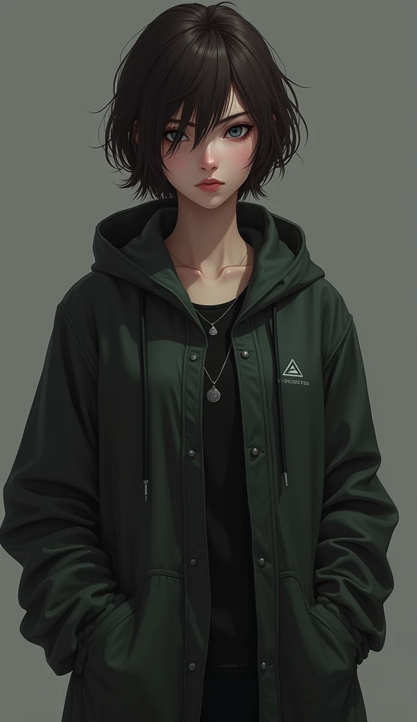 A full-body portrait of Eveline has sharp features, with short, dark brown hair and keen grey eyes that seem to pierce through lies. She dresses in simple, practical clothing, often in dark colors that allow her to blend into the shadows.