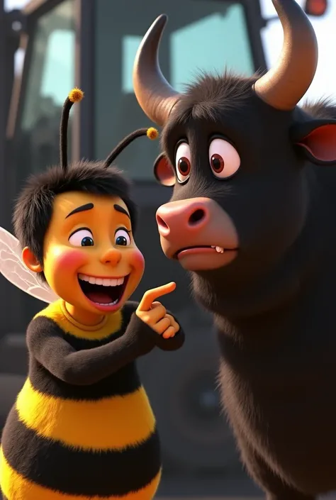  Barry from the Bee movie laughing and pointing his finger at the black Bull Ferdinand&#39;s face, kicking and screaming with red eyes full of tears, crying with lots of tears running down his face, very disconsolate.. 
Background of the image has a Forkli...