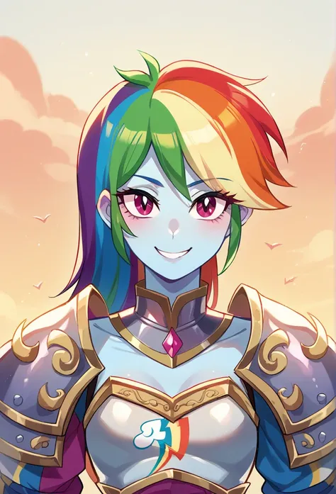 Rainbow Dash de Equestria Girls, looking at the viewer, Sunset, pretty eyes, beautiful face, small breasts, medieval armor, Full armor, with a dragon in the background, Beautiful smile, Armor that covers the entire body. , Armor that covers the entire body...