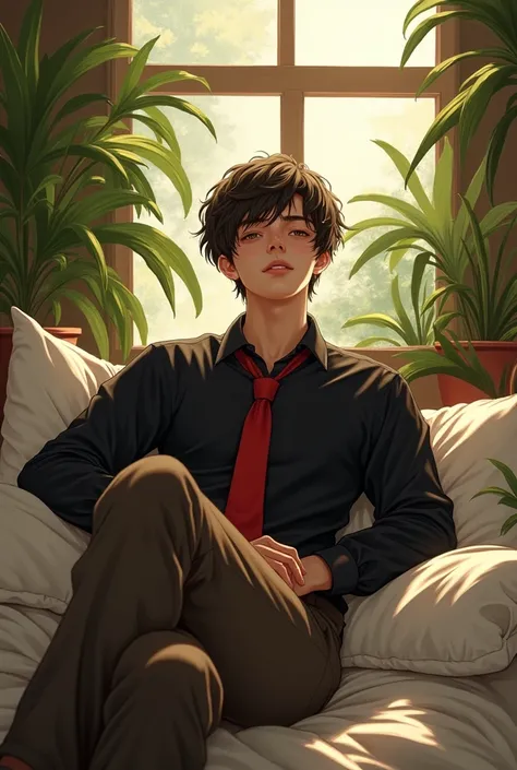 (photorealism:1.2) handsome young man, sitting on bed, wearing Black shirt, red tie,short hair, indoors, soft lighting, plants in background, window with sunlight, cozy room, relaxed pose, realistic, intricate details, warm colors, by Greg Rutkowski, by Al...