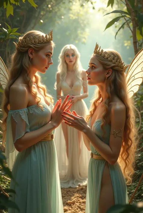 "A full-body shot of a realistic fairytale scene in a magical palace in a beautiful magical forrest, bathed in sunlighting."Beautiful pastel colour pallette." "A fairy queen 1 with realistic striking big blue eyes with eye makeup and a serious, direct gaze...