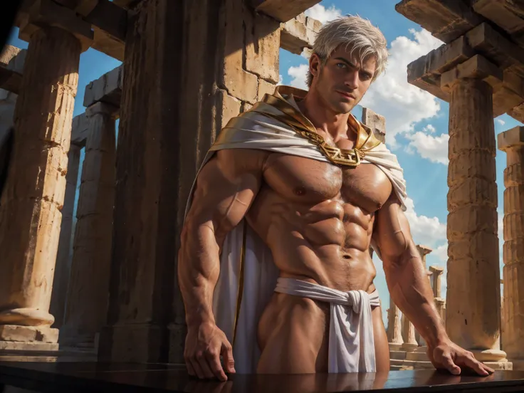 Male Titan, dark skinned muscular body, hairy chest, white hair, green eyes, Greek cloak clothing, naked, visible member, amazing lighting, greek temple.