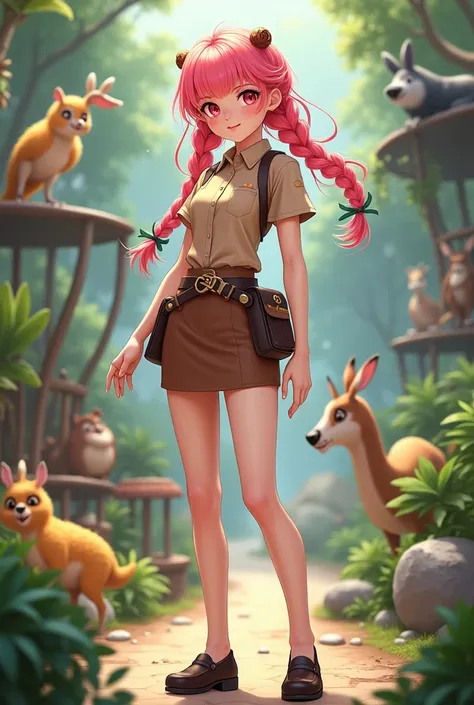 a zookeeper girl with a long pink hair styled in two loose braids. She has fair skin and red eyes. She is wearing a light brown of a short-sleeved shirt and a very short pencil skirt. She wear a black shoes.