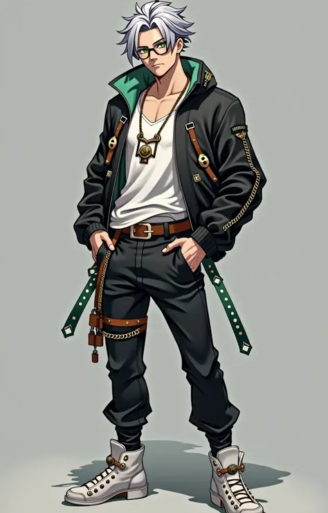 man, silver hair. custom glasses, a fit body, a white shirt tight to his body, over a black jacket with accessories and small chains, long black pants and around a brown belt and white personalized shoes, emerald green eyes, Estilo Genshin Impact 