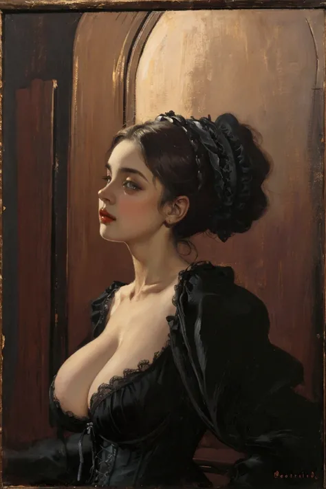 Oil painting of Sexy slim victorian gothic girl, big boobs, deep cleveage, sensual