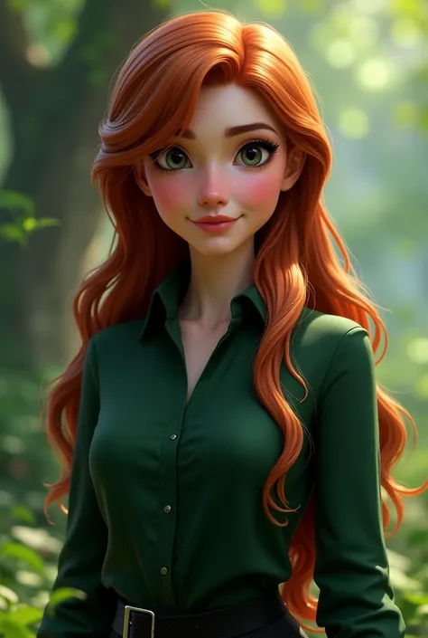 Elsa from Frozen, modern, sharp facial features, realistic, cartoon art, deep auburn hair, wearing a dark green button down formal collared shirt, background should be a green garden, voluminous long hair let down, curtain bangs 