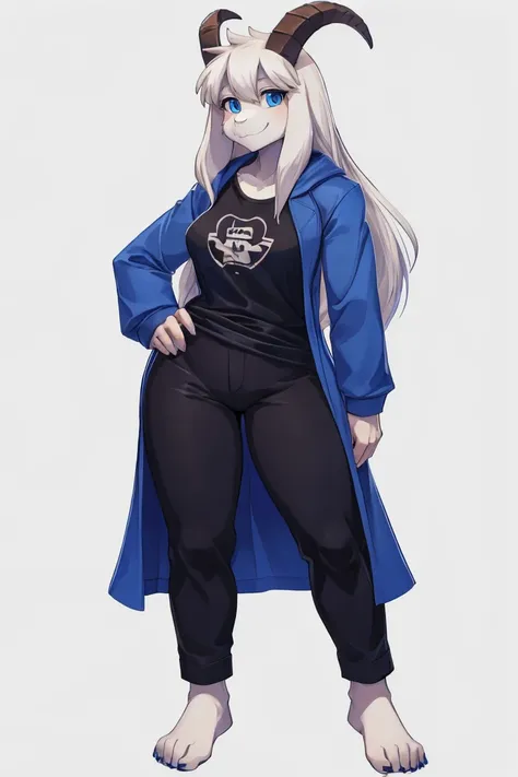 woman, alone, white background, hairy, Goat, anthropomorphic, Goat, Asriel, Undertale, average breasts, big ass, wide average hips, perfect body, tall stature, long hair, blue eyes, average students, anthropo face, cartoon, smile, Blue coat, black t-shirt,...