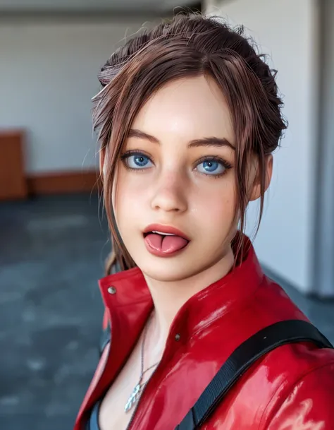 Claire redfield, brownhair, clear blue eyes, ahegao, upper part, red jacket, bared shoulders, (neckleace), ((breastsout)), breastsout a mostra, standing alone, 1 girl, looking at the spectator, , best qualityer 