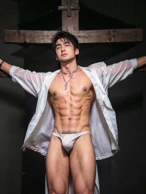 Korean men in white torn apart robe，he was crucified on the big cross in a church casually，tearing, crying,Handsome male, Handsome chad chin, Handsome and attractive, Handsome and elegant, Handsome man, Sexy masculine, masculine and Handsome, , Handsome, A...