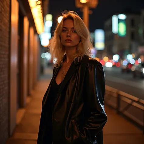 A dynamic blond girl photoshoot in an urban setting at dusk, city lights creating a captivating backdrop, her confident stride capturing the essence of modernity, shadows playing on the walls, Photography, Nikon D850 with a 35mm lens, f/1.4,