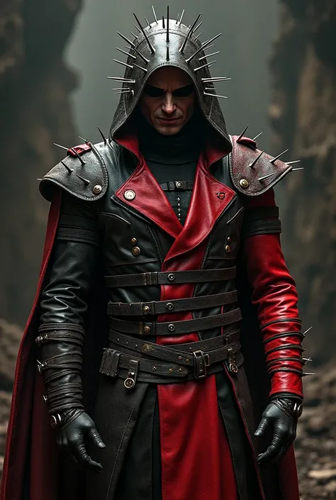 Create a male character with a look inspired by the Hellraiser franchise who wears a Petra-colored leather outfit with red parts and has parts that resemble armor and the outfit covers his entire body and wears a leather helmet and has spikes coming out of...