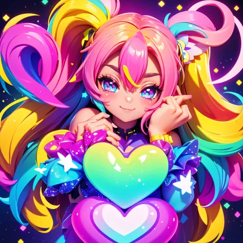 a sticker design showcasing a pixel art heart in a bright, neon color, surrounded by smaller pixel stars. the heart has a glowin...