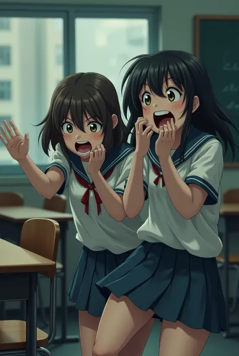 Two girls screaming in the classroom


