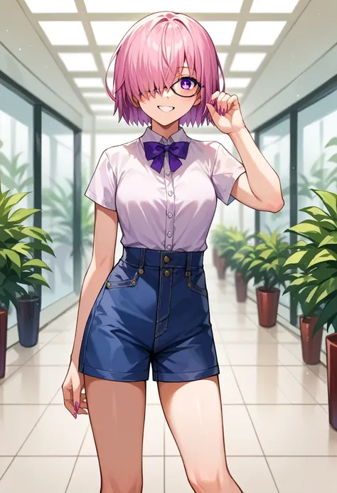 score_9, score_8_up, score_7_up, score_6_up, source_anime, mash kyrielight, short hair, purple eyes, pink hair, hair over one ey...