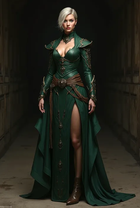 A full-body portrait of Lady Isolde Thorne, one of Lady Seraphina d’Aurelis most trusted ladies-in-waiting. Isolde is depicted in a functional yet luxurious gown that reflects her role as both a protector and enforcer. Her tall, muscular build is highlight...