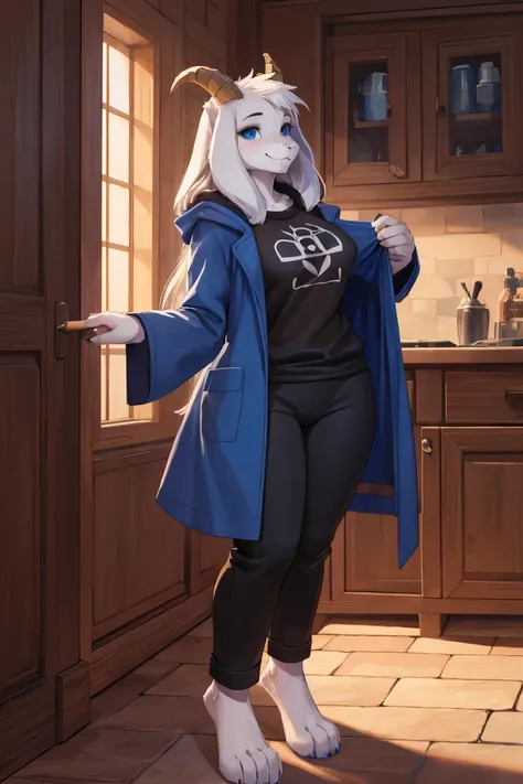 woman, alone, in a house, furry, Goat, anthropomorphic goat, Asriel, Undertale, medium breasts, big ass, medium wide hips, perfect body, tall, long hair, blue eyes, anthro face, cartoon, smile, blue coat, black t-shirt, brown pants, looking at the viewer, ...