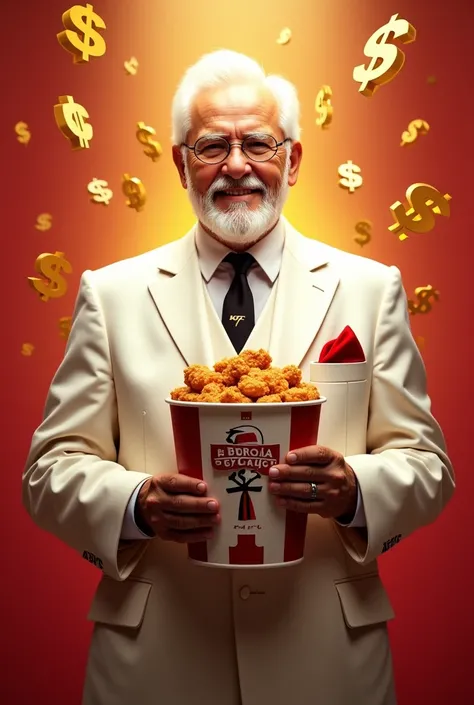 A thumbnail focused on Colonel Sanders becoming a millionaire at 72. The image shows an elderly man resembling Colonel Sanders, dressed in a white suit, holding a bucket of KFC chicken. The background features a golden glow with dollar signs floating aroun...