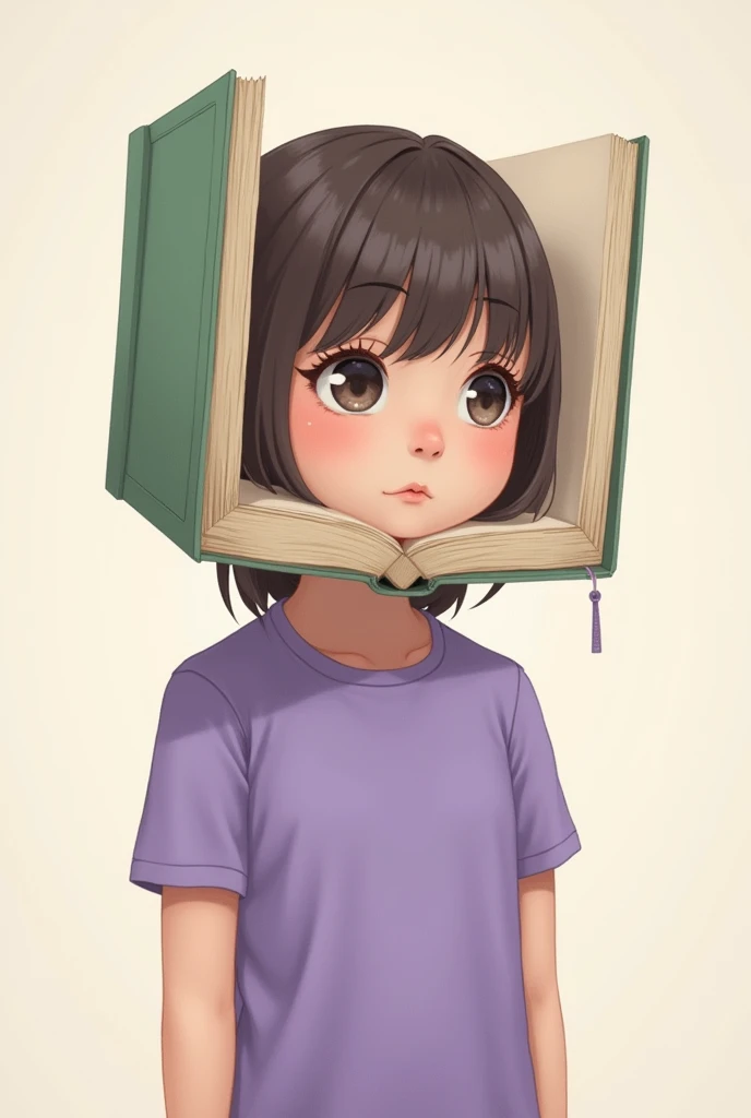 Girl in violet t-shirt with a book for a head