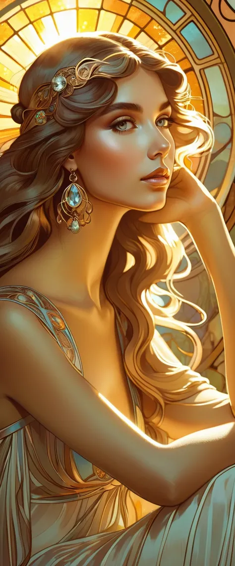 Portrait in Art Nouveau style, Beautiful girl, goddess of topaz, sits in a thoughtful pose, dreamy look, looking directly at the viewer, hair illuminated by the rays of the evening sun, inspired by Alphonse Mucha.