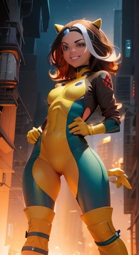 (Mejor calidad,8K,ultra detallado),(illustration,comic), Black WOLVERINE woman SHOWS her claws in tiny X-MAN UNIFORM with very small breasts and a mischievous smile,cuerpo mojado,pelo largo, dark fantasy,colores vibrantes,Renderizado 3D,pintura