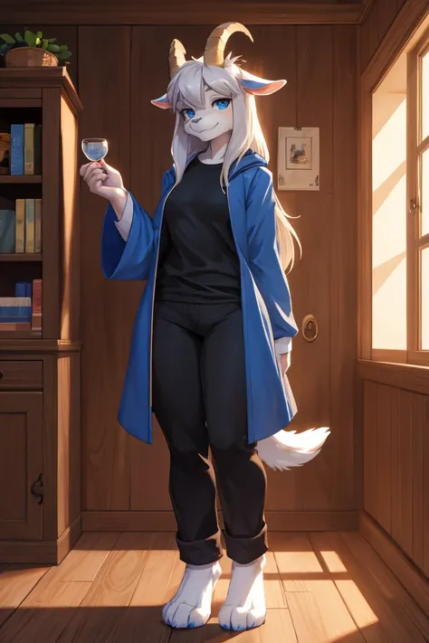 woman, alone, in a house, furry, Goat, anthropomorphic goat, Asriel, Undertale, medium breasts, big ass, medium wide hips, perfect body, tall, long hair, blue eyes, anthro face, cartoon, smile, blue coat, black t-shirt, brown pants, medium tail, looking at...