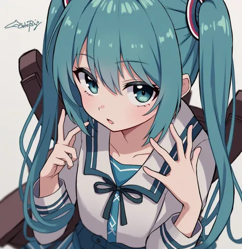 Anime girl blue hair cyan eyes bangs with pigtails schoolgirl 