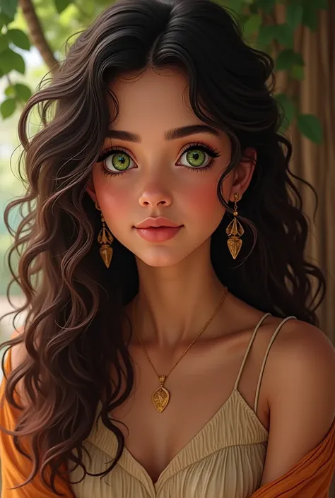 A young Maghrebi woman, round but not too much, with long curly hair and green eyes.
