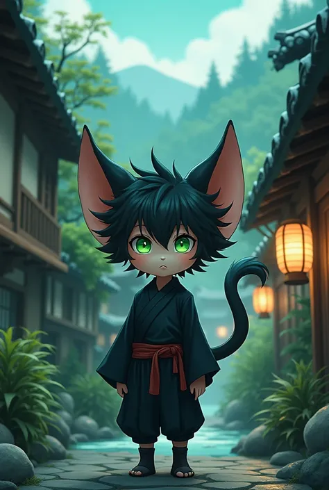 anime, human boy, small stature, black fur, bat ears,dark clothes green eyes, village fund