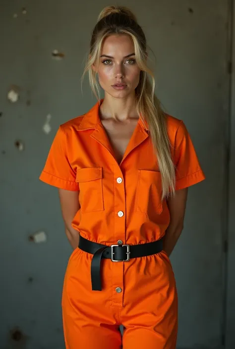 Frontal photograph of a beautiful young model with long a blonde medium length pulled back ponytail hair wearing a sexy synthetic orange prisoner jumpsuit, inmate jumpsuit, button-up, sexy view, handcuffed, hands cuffed to her back, wearing a tight black s...