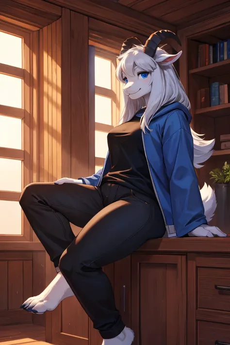 woman, alone, in a house, furry, Goat, anthropomorphic goat, Asriel, Undertale, medium breasts, big ass, medium wide hips, perfect body, tall, long hair, blue eyes, anthro face, cartoon, smile, blue coat, black t-shirt, brown pants, short tail, goat tail, ...