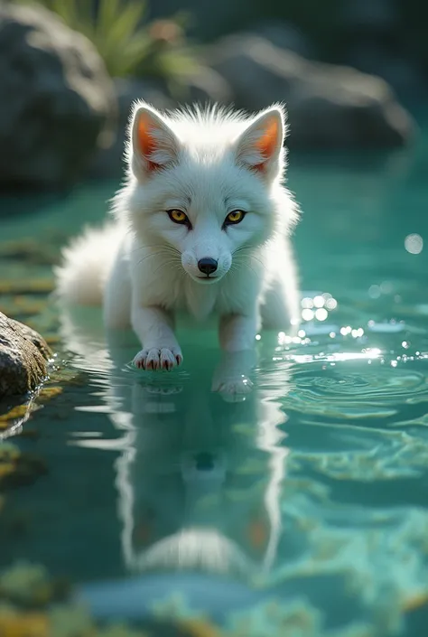 A white fox learning to dive in a lake, cute and realistic style, 1 fox, beautiful detailed eyes, beautiful detailed nose, beautiful detailed mouth, extremely detailed face and fur, wildlife, lake, clear water, underwater, diving, learning, focused express...