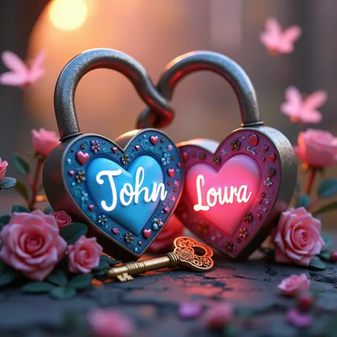 A mesmerizing 3D render of a magical garden scene, where two intertwined padlocks symbolize the union of lovebetween sunset and sunrise. The padlocks, intricately designed, bear "John" a romantic blue heart shape and "Loura" a playful pink heart shape. The...