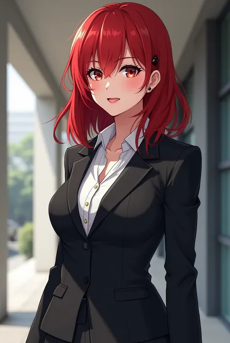 Anime girl 3,shes pretty girl, shes works in gouvernment,she have mid-length bright red hair,shes libertine ,She asserts herself very well and can be enigmatic,she have ,she has a slim his humor is often sarcastic,give me the image of an assertive girl,she...