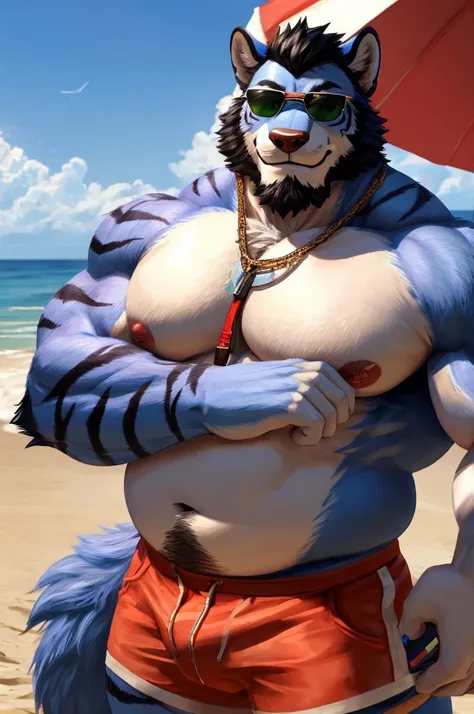 ((best quality)), ((masterpiece)), (Ultra detailed), ((4k)).

Anthro Wolf , Light Blue Fur , black Short Hair , Black Beard , Tiger Stripe Fur , Handsone , Good Looking , Green Eyes ,(Eyes Details), Middle Ages , Huge Pecs , Bodybuilder  , fat chubby , cut...