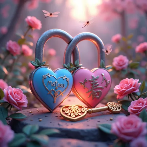 A mesmerizing 3D render of a magical garden scene, where two intertwined padlocks symbolize the union of lovebetween sunset and sunrise. The padlocks, intricately designed, bear "Matsu" a romantic blue heart shape and "Rubi" a playful pink heart shape. The...