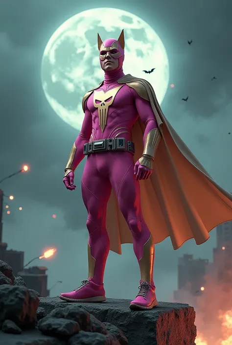 Malaysia man in high-tech suit, vivid effects, malaysian superhero (KELUANG MAN) in a striking pink and brown beige  costume cyberpunk design, mask small mini bat ear beige, daredevil beige mask, jumpsuit dark pink stands confidently in a dramatic.jumping ...