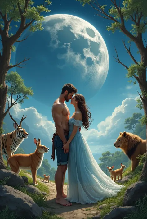 Bad Boy and cute girl love on moon 
Very beautiful girl in blue and white dress 
Earth are distoy near tree around green grass
Animals, rabbit, cat ,tiger, lion, bear, dear , wolf, dogs, 