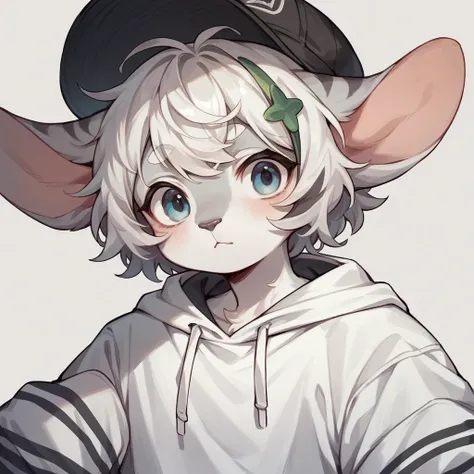 Anthropomorphic character, with white fur, large ears, slightly gray nose, short wavy white hair, hat with a visible brim and a circular ornament on top, white sweatshirt, black horizontal stripes on the sleeves of the sweatshirt