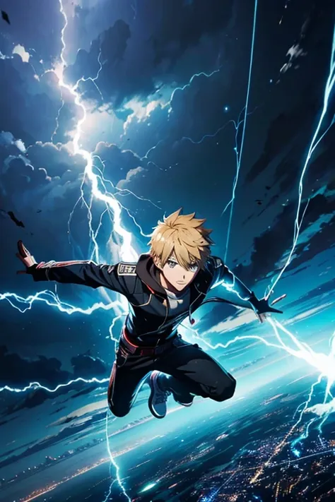 a teenage boy flying up with lightning around him anime
