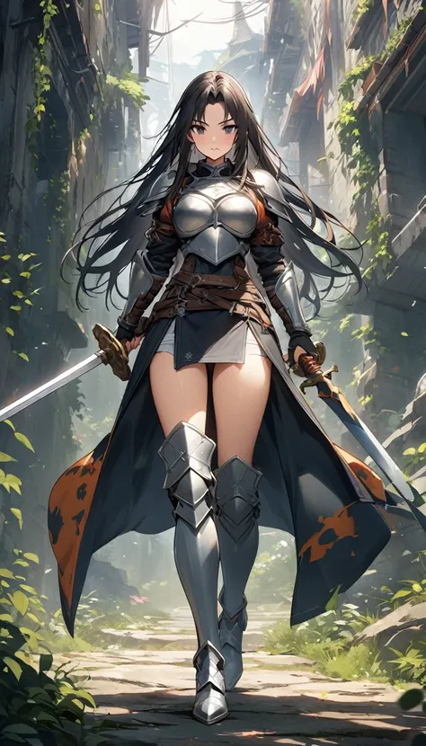 ultra-high definition image quality、beautiful girl、female warrior、female swordsman、light armor、silver boots、long hair、knight&#39...