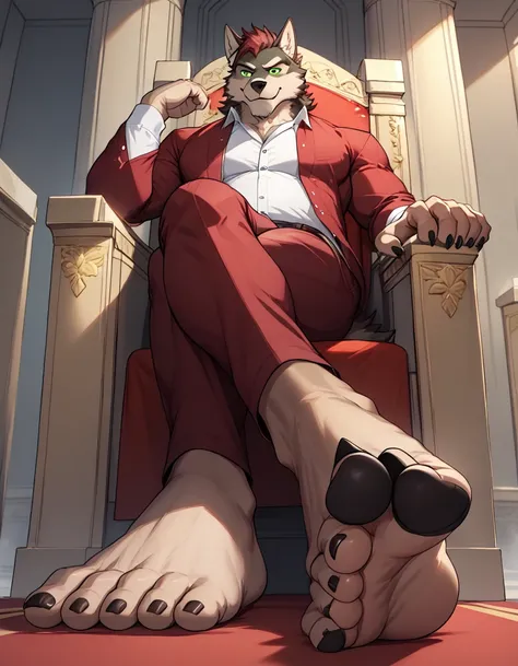 big, furry, muscular male, wolf, mature man, green eyes, sitting on throne, barefoot, burgundy pants, open shirt, no shoes, sharp_toenails shorts, crossed legs, sole visible, foot focus, low angle view