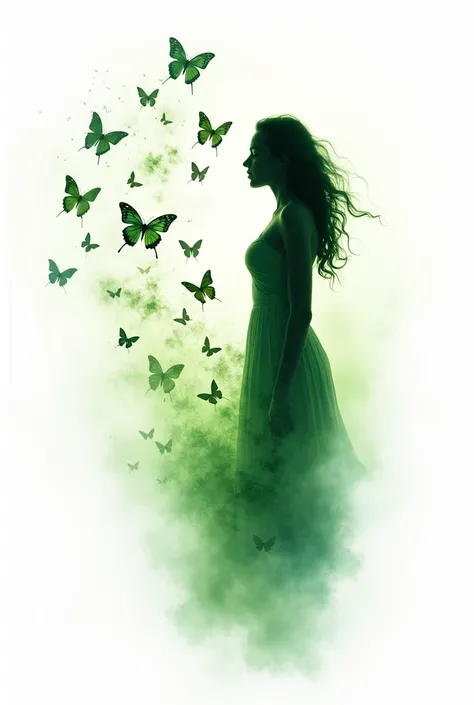 Create an image of a shadow of a woman in green color, with butterflies flowing from the head towards the back as thoughts. white background. Logo format with modern and creative design. It is linked to the psychology profession