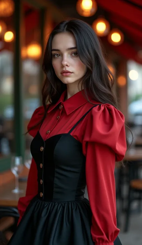 a woman standing in front in the background of a restaurant,, by Andrei Kolkoutine, tumblr, smile, portrait of a young witch girl, red elegant shirt, full body, big breasts,refined editorial photograph, wearing a gothic dress, innocent look. rich vivid col...