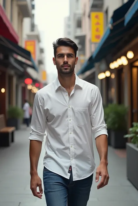 man wlaking in the street white shirt , 1m80 , no beard , black hair , around 30 years old