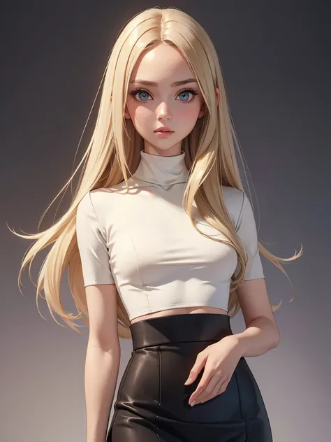 (best quality), 1girl, female, porcelain skin, blonde hair, straight hair, medium hair, swoopy tips, brown eyes, perfect eyes, crop turtleneck top, black skirt, skinny body, , small bust, shy, masterpiece, anatomically correct, highres
